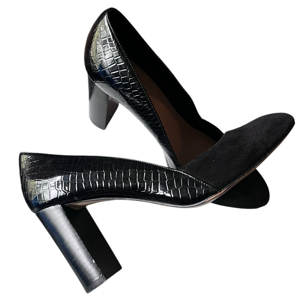 Tahari Elvira Suede Faux Reptile Patent Leather Block Heel Pump Size 10 M Black